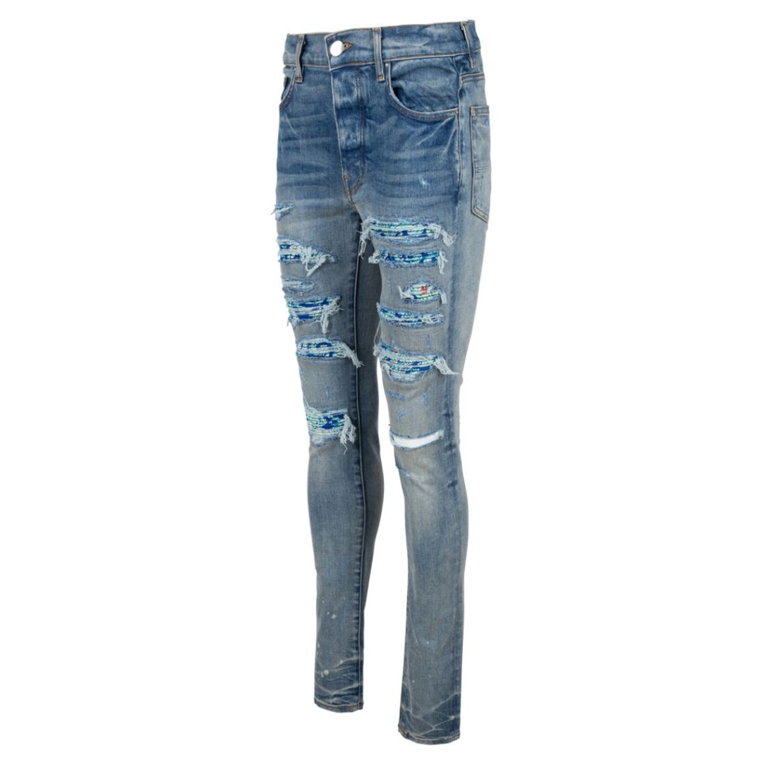Amiri Brand Embossed Ripped Blue Jeans
